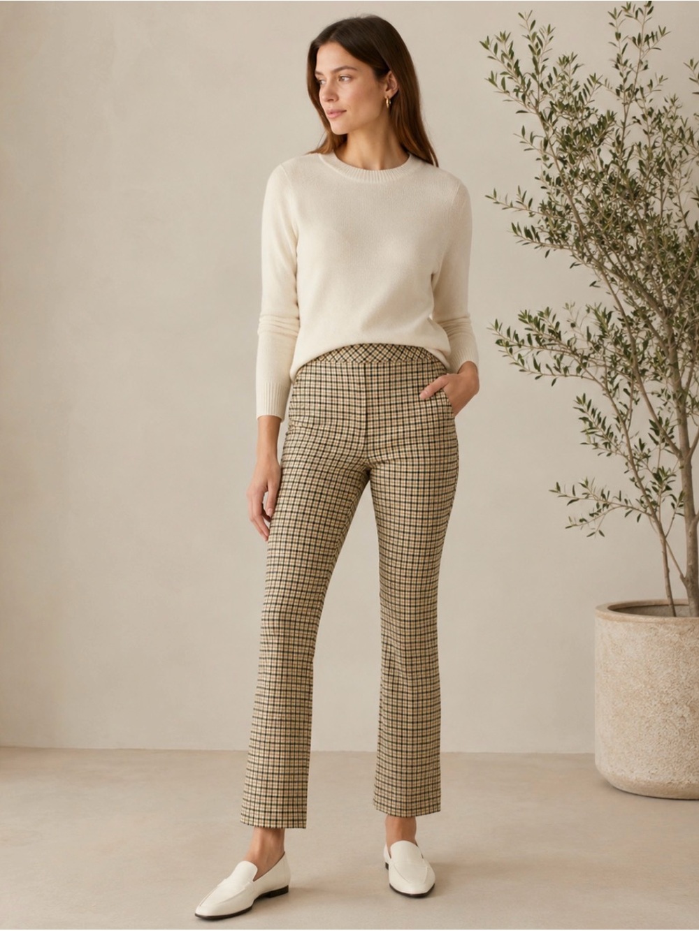 SPANX Black Yellow Plaid Houndstooth Kick Flare Pants Large Office Workwear